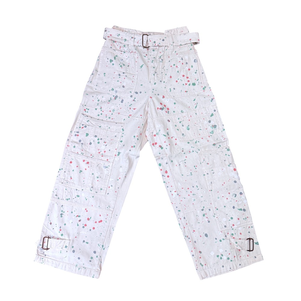Free People Belted Painter Pants Ecru White Paint Splatter Wide Leg Utility Sz 4